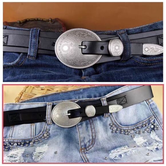 Vintage Style Genuine leather Belt with Floral Engraved Pattern Buckle - Picture 3 of 14